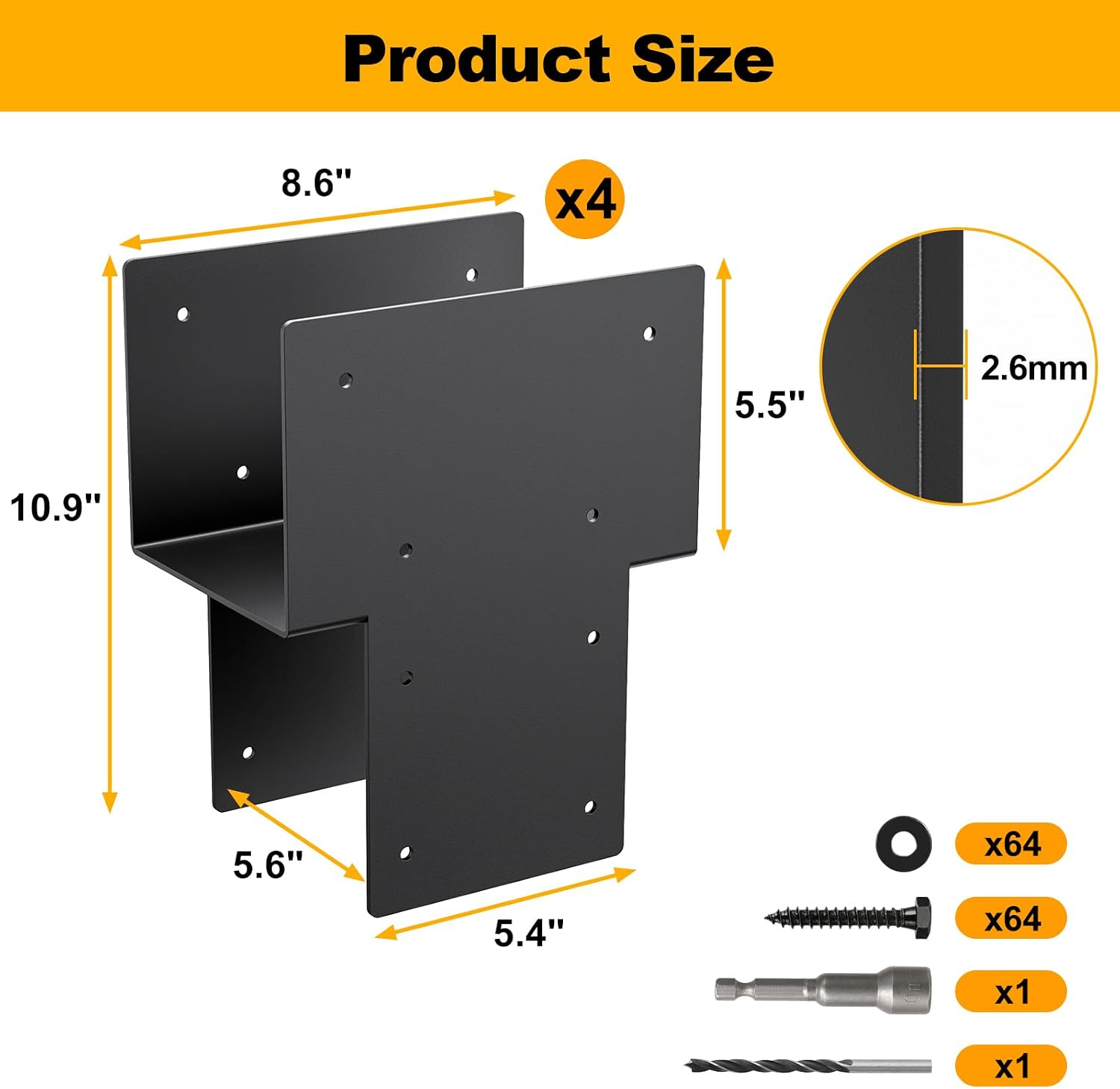 6'x 6' Post Cap Tie Rod Brackets,TROPTOLKY Heavy Duty Wood Beam Tie Rod Brackets, for Supporting Outdoor Pergolas, Gazebos, Decks and Porches,4 Pcs