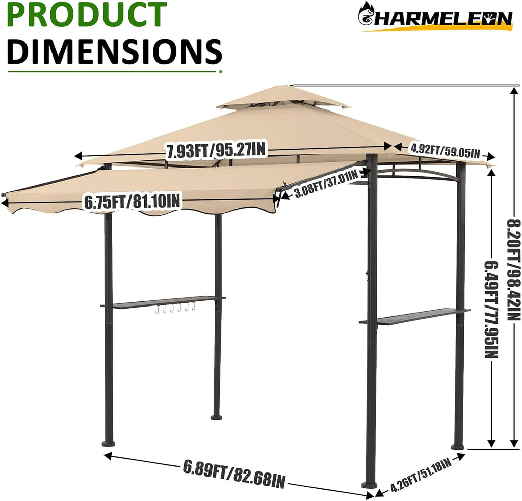 CHARMELEON 8x8 FT Grill Gazebo, Grill Canopy with Big Awning&2 Side Shelves&6 Hooks&Bottle Opener, Powder-Coated Steel BBQ Shelter for Patio Backyard Outdoor Grilling-Khaki