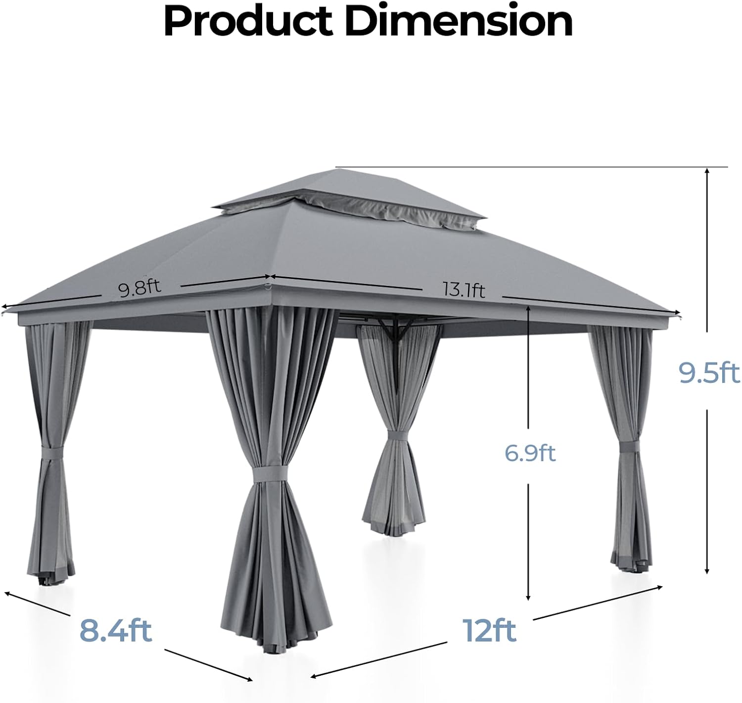 LuxaDomus Outdoor Gazebo 10'×13' for Patio, Metal Frame Canopy with Double Roofs, Heavy Duty Party Tent with Mosquito Netting and Curtains for Backyard, Garden, Lawn and Deck, Grey