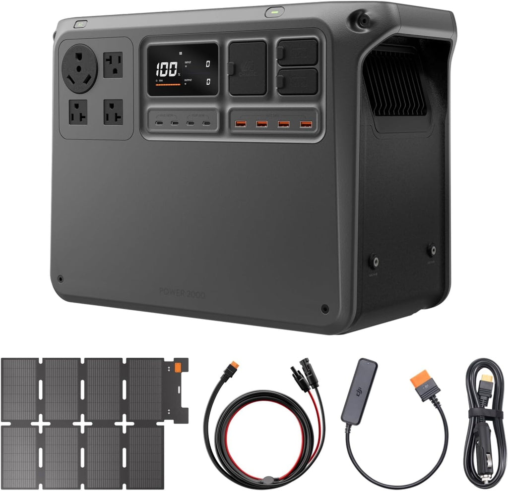 DJI Power 2000 Portable Power Station, IBCPOWER 100W Foldable Solar Panel, 2048Wh LFP Battery, 3000W Stable Output, 0-80% in 55 Mins, Enhanced Safety, Ultra-Quiet, Camping, Blackout, RV