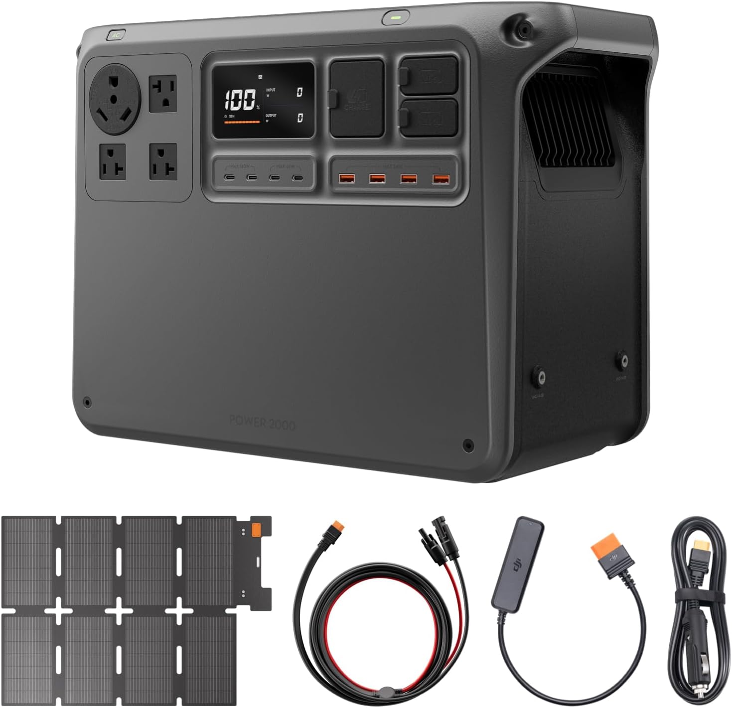 DJI Power 2000 Portable Power Station, IBCPOWER 100W Foldable Solar Panel, 2048Wh LFP Battery, 3000W Stable Output, 0-80% in 55 Mins, Enhanced Safety, Ultra-Quiet, Camping, Blackout, RV