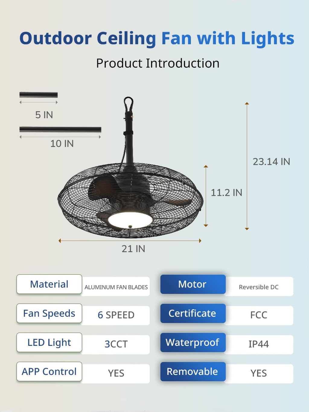 Orison 21'' Outdoor Ceiling Fan with Light, Waterproof Plug-in Gazebo Fan, Wet Rated Hanging Fan for Patio with Remote and App Control