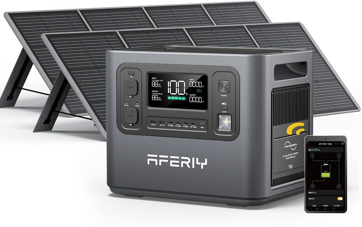 AFERIY Solar Generator P210 with 2pcs 200W Solar Panel | 2400W Portable Power Station 2048Wh | AC Output with 120V,2400W,Solar Generator for Home Use,Outdoor Camping,Power Outage, Camping,Emergencies