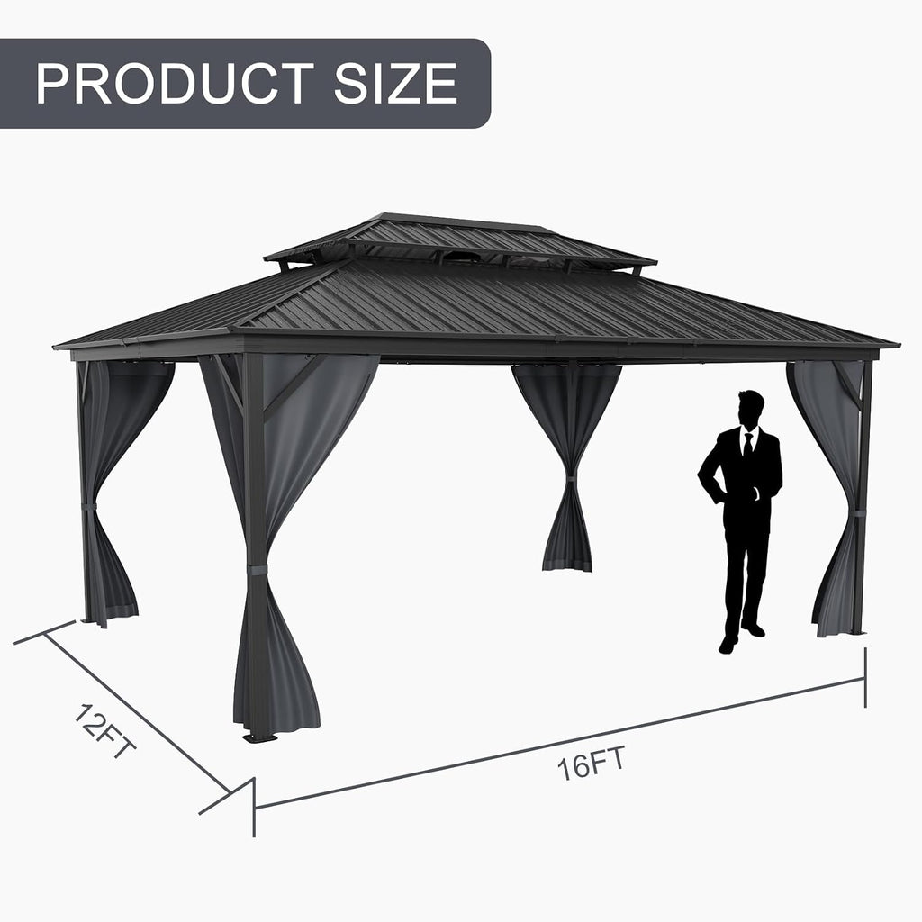 GAOMON Hardtop Gazebo - Outdoor Metal Pavilion with Galvanized Steel and Aluminum Frame, Double Roof Canopy with Netting and Curtains - Ideal for Patio, Backyard, Deck, and Lawns (12 * 16)