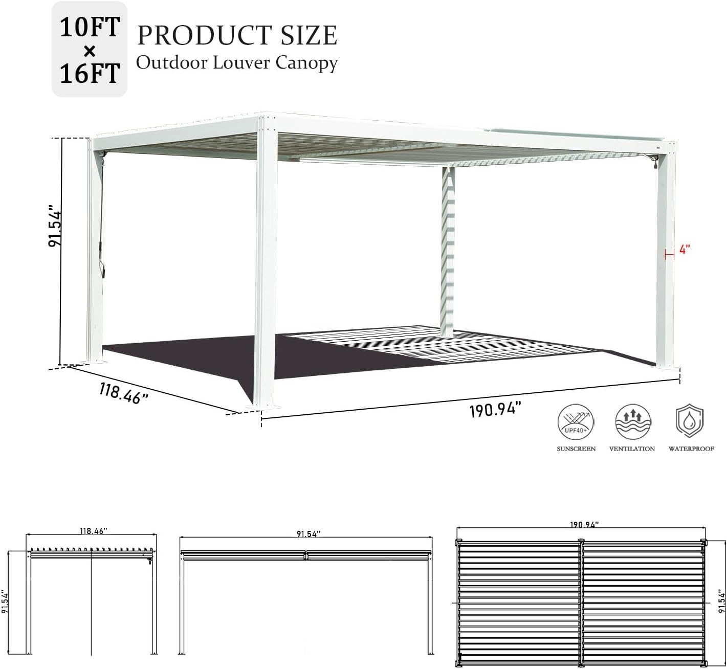 Domi Louvered Pergola 10×16 FT, Outdoor Aluminum Pergola with Adjustable Rainproof Roof and Drainage System, Metal Pergola Gazebo for Patio, Deck, Backyard, White