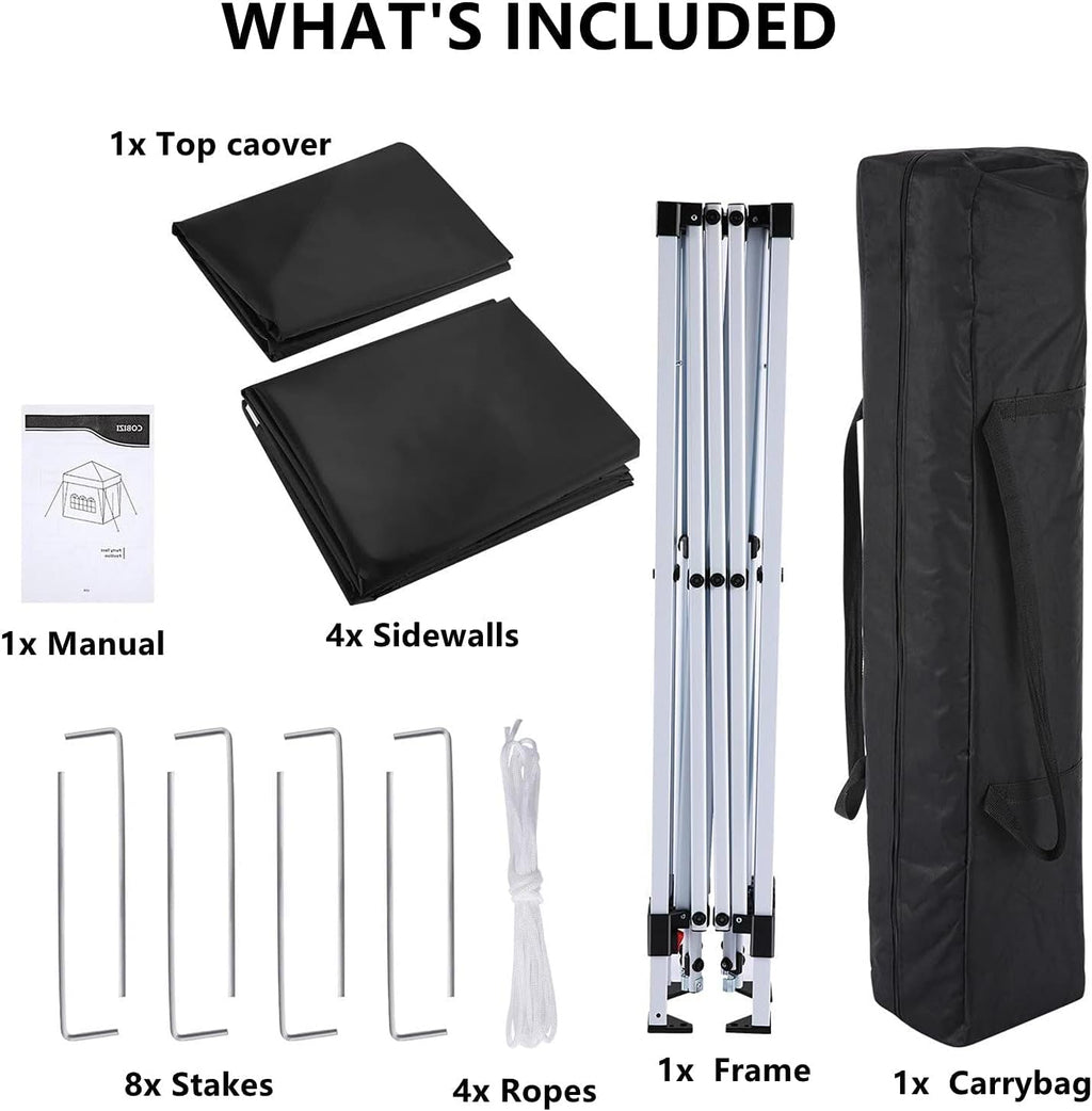 COBIZI 10x10 Pop Up Canopy Tent with 4 Removable Sidewalls, UPF 50+ Waterproof 10x10 Outdoor Portable Canopy for Commercial, Parties, Backyard, Beach with Carry Bag, Ropes, Stakes (Black, 10'x10')