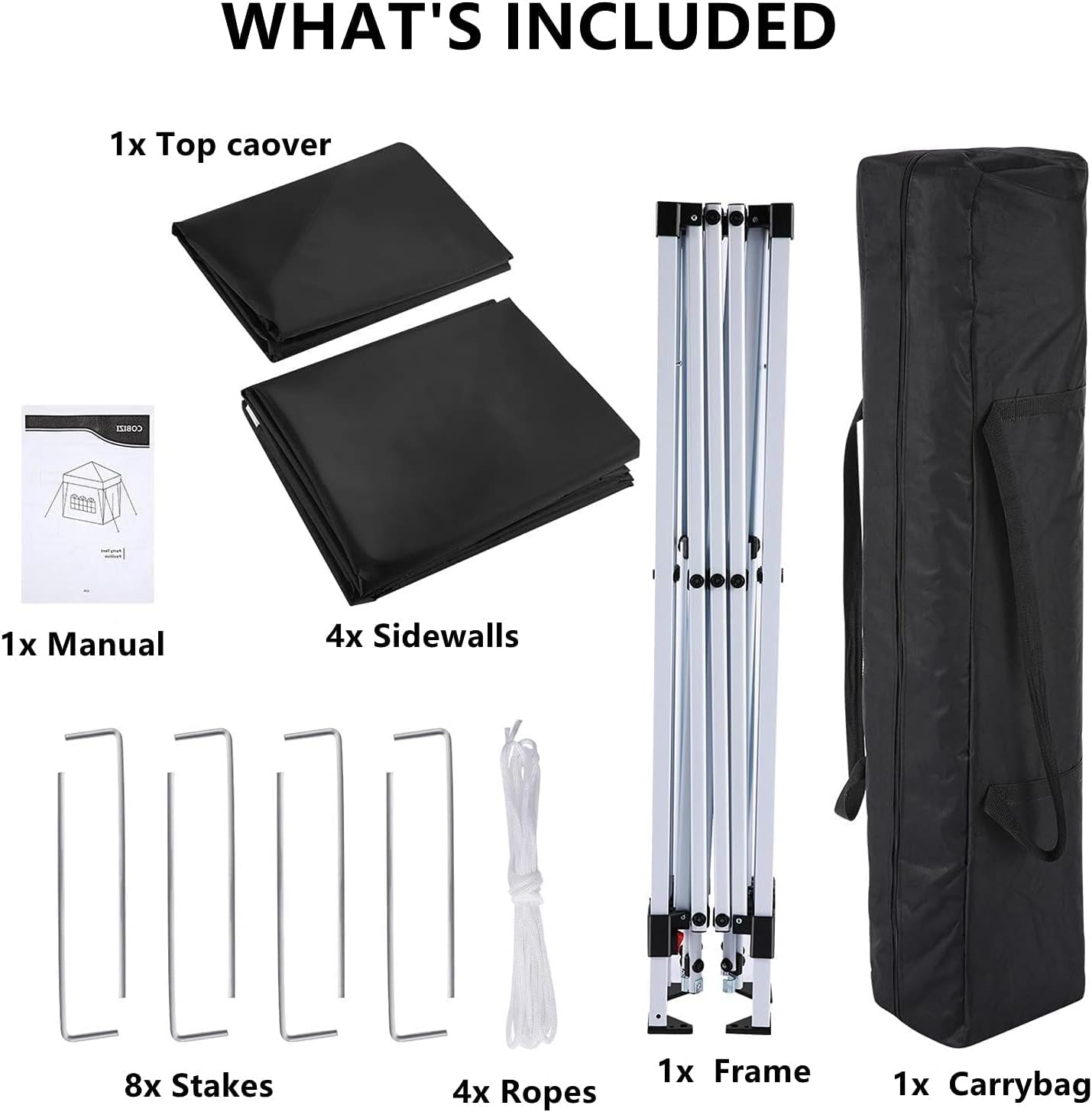COBIZI 10x10 Pop Up Canopy Tent with 4 Removable Sidewalls, UPF 50+ Waterproof 10x10 Outdoor Portable Canopy for Commercial, Parties, Backyard, Beach with Carry Bag, Ropes, Stakes (Black, 10'x10')