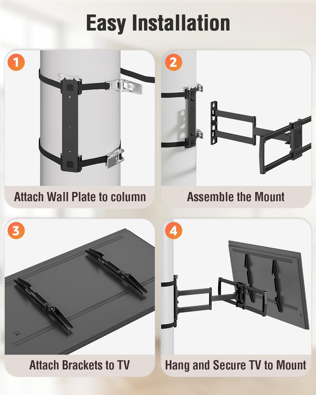 ELIVED Pillar TV Mount for Most 32'-75' TVs, Column TV Mount for Gazebo Patio Pergola, No Drill Full Motion tv Bracket Swivel and Tilt, Fits Multi-Shaped Poles, Max VESA 600x400mm, 88 Lbs.