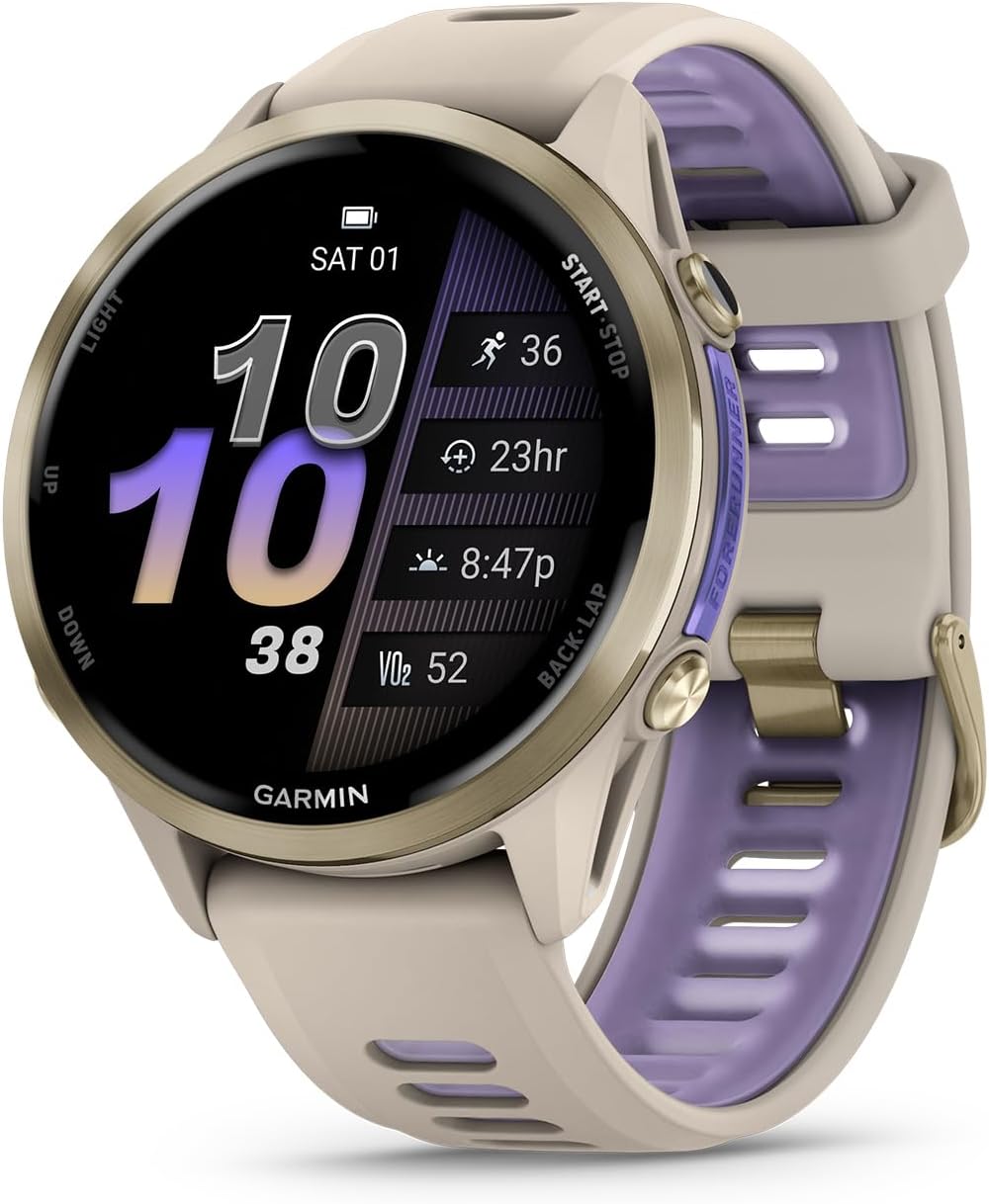 Garmin Forerunner 970 Running Smartwatch, GPS Fitness Watch for Men and Women, Soft Gold Titanium with French Gray Case/Translucent Indigo Band + Access 600 Fitness Monitor, XS-S + More
