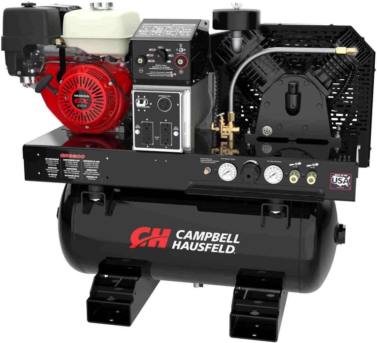 Campbell Hausfeld 3-in-1 Compressor Generator Welder Combo, Honda GX390 Gas Engine, 5000W, 200A, 30 Gallon Tank, 175 PSI, Truck Mount, Black