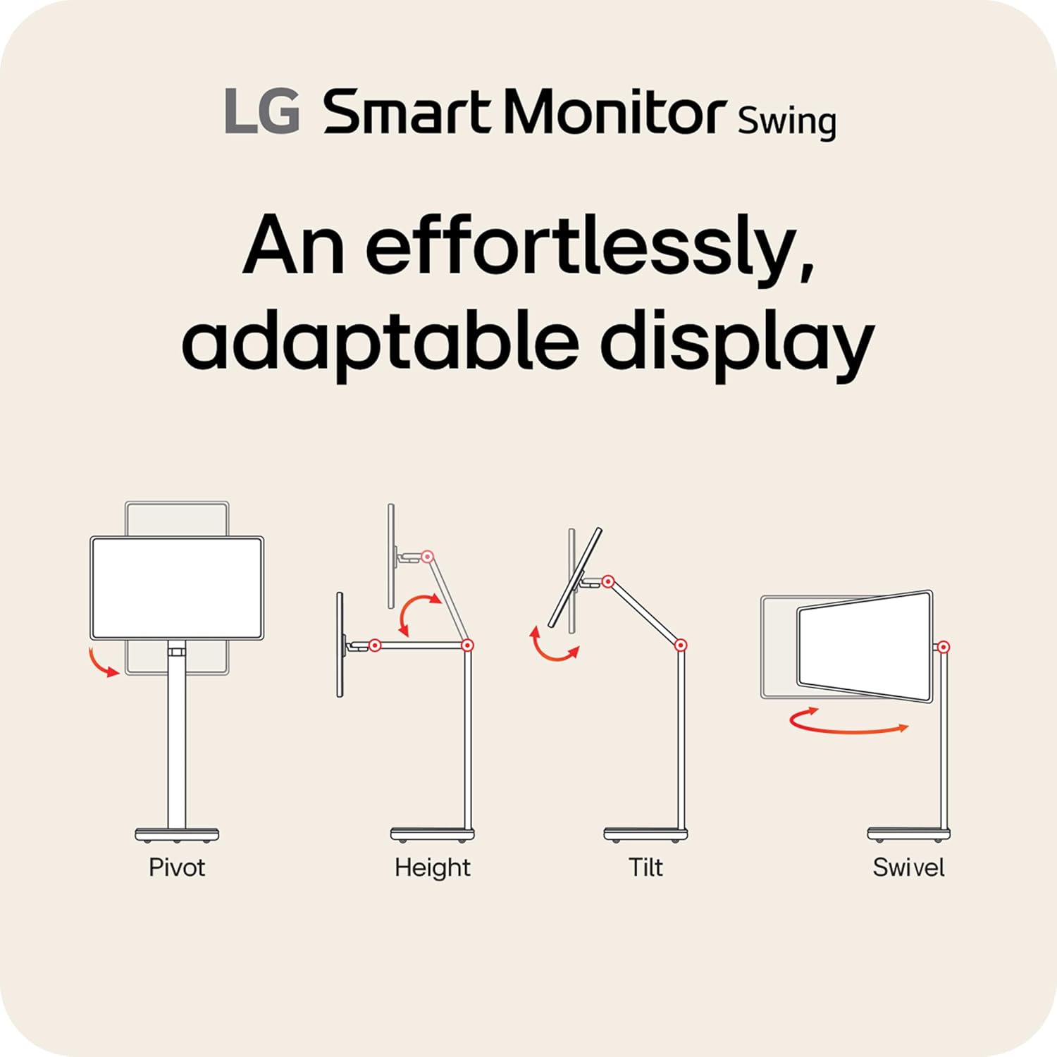 LG Smart Monitor Swing 32U889SA-W 32-Inch 4K UHD (3840x2160) IPS Touchscreen on a Fully Adjustable Wheeled Base HDR10, webOS, Built-in Speaker, HDMI, USB Type-C, Tilt/Height/Swivel/Pivot Stand, White