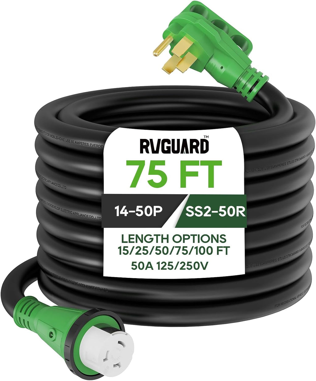 RVGUARD 50 Amp 75 Foot RV Power Cord, 14-50P to SS2-50R Generator Extension Cord, Heavy Duty STW Cord with LED Power Indicator and Cord Organizer, Green, ETL Listed