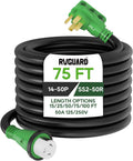 RVGUARD 50 Amp 75 Foot RV Power Cord, 14-50P to SS2-50R Generator Extension Cord, Heavy Duty STW Cord with LED Power Indicator and Cord Organizer, Green, ETL Listed