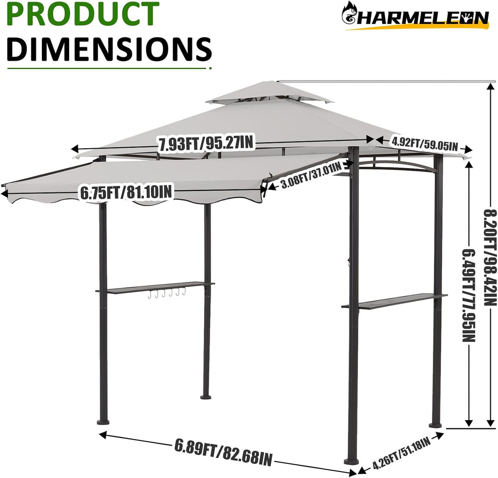 CHARMELEON 8x8 FT Grill Gazebo, Grill Canopy with Big Awning&2 Side Shelves&6 Hooks&Bottle Opener, Powder-Coated Steel BBQ Shelter for Patio Backyard Outdoor Grilling-Light Gray