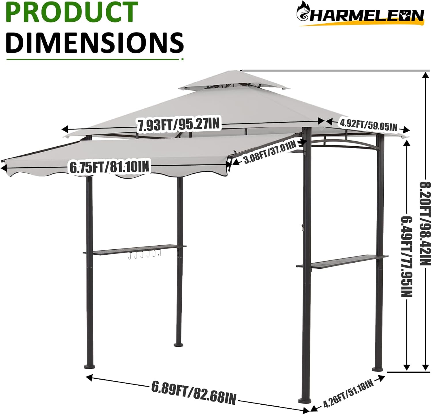 CHARMELEON 8x8 FT Grill Gazebo, Grill Canopy with Big Awning&2 Side Shelves&6 Hooks&Bottle Opener, Powder-Coated Steel BBQ Shelter for Patio Backyard Outdoor Grilling-Light Gray