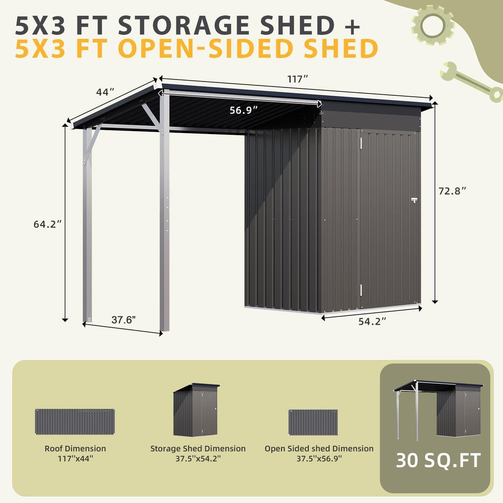AECOJOY 5x3 FT Outdoor Storage Shed & Hardtop Gazebo Combo, 10x4 FT Metal Lean to Shed with 3'x5' Open Pergola, 2-in-1 Tool Sheds & Outdoor Storage for Patio, 30 Sq.Ft Covered