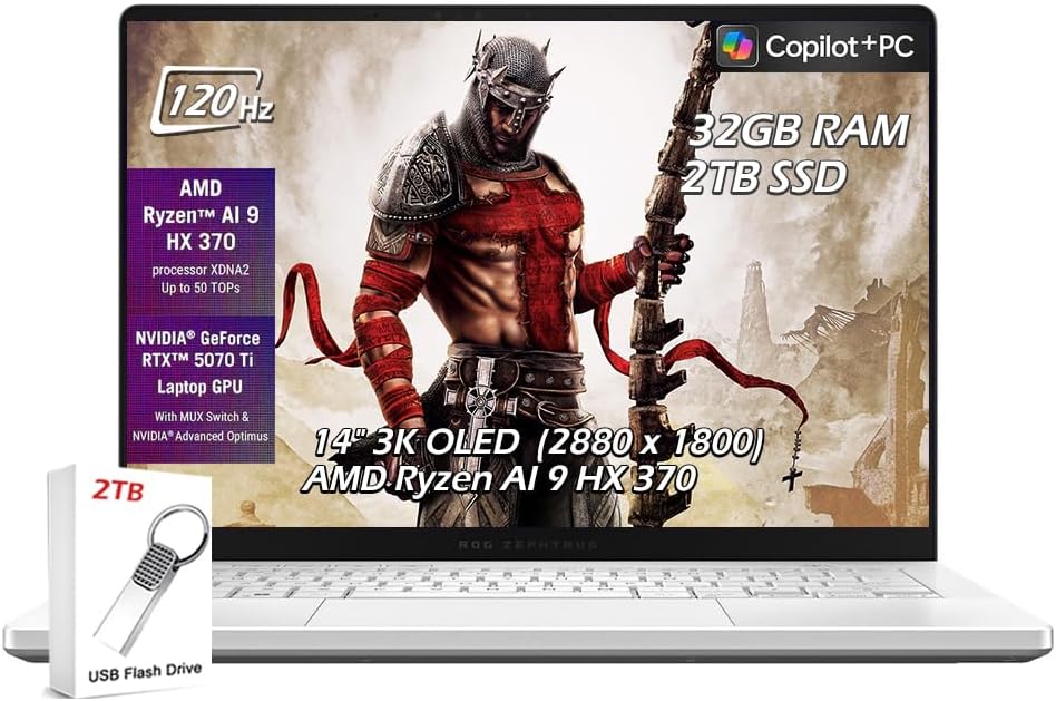 ASUS ROG Zephyrus G14 14' 3K OLED 120Hz Gaming Laptop Copilot+ PC AMD Ryzen AI 9 HX 370 NVIDIA RTX 5070 Ti 12GB 32GB LPDDR5X RAM 2TB SSD WiFi7 Win11 Platinum White w/2TB USB Drive, W/GaLiMu
