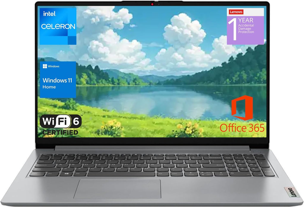 Lenovo IdeaPad 1 Home Laptop, 15.6' FHD Display, Intel Celeron Dual Core Processor, 8GB RAM, 256GB Storage(128GB eMMC+128GB PCIe), 1 Yr Office 365, Wi-Fi 6, W11H, Additional 1 Yr ADP