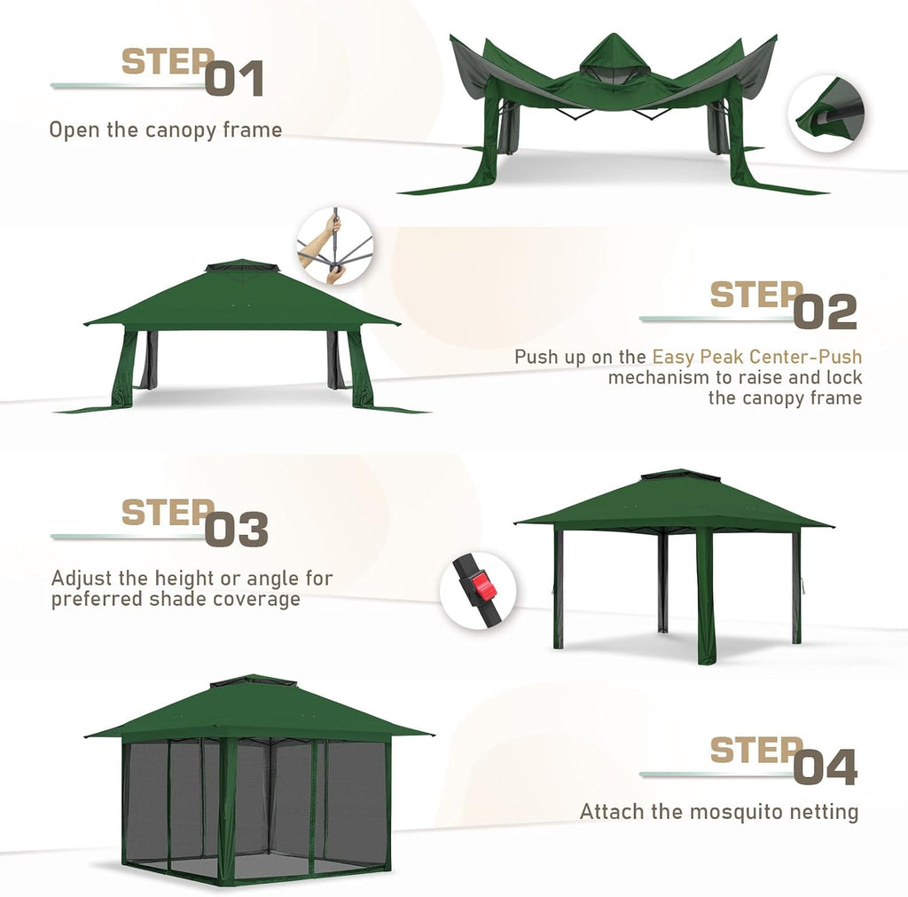 EAGLE PEAK 13x13 Pop Up Gazebo with Mesh Netting, Easy Up Screened Canopy for Patio and Backyard, Easy Set up Outdoor Gazebo (Green)