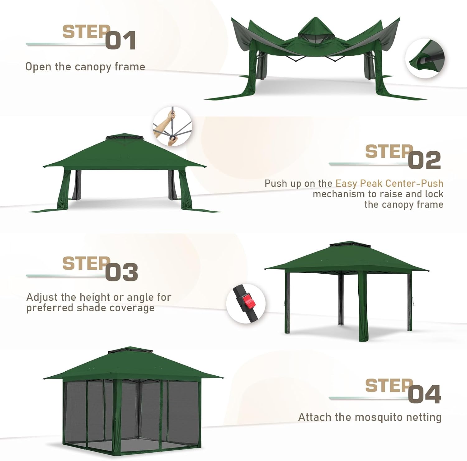 EAGLE PEAK 13x13 Pop Up Gazebo with Mesh Netting, Easy Up Screened Canopy for Patio and Backyard, Easy Set up Outdoor Gazebo (Green)