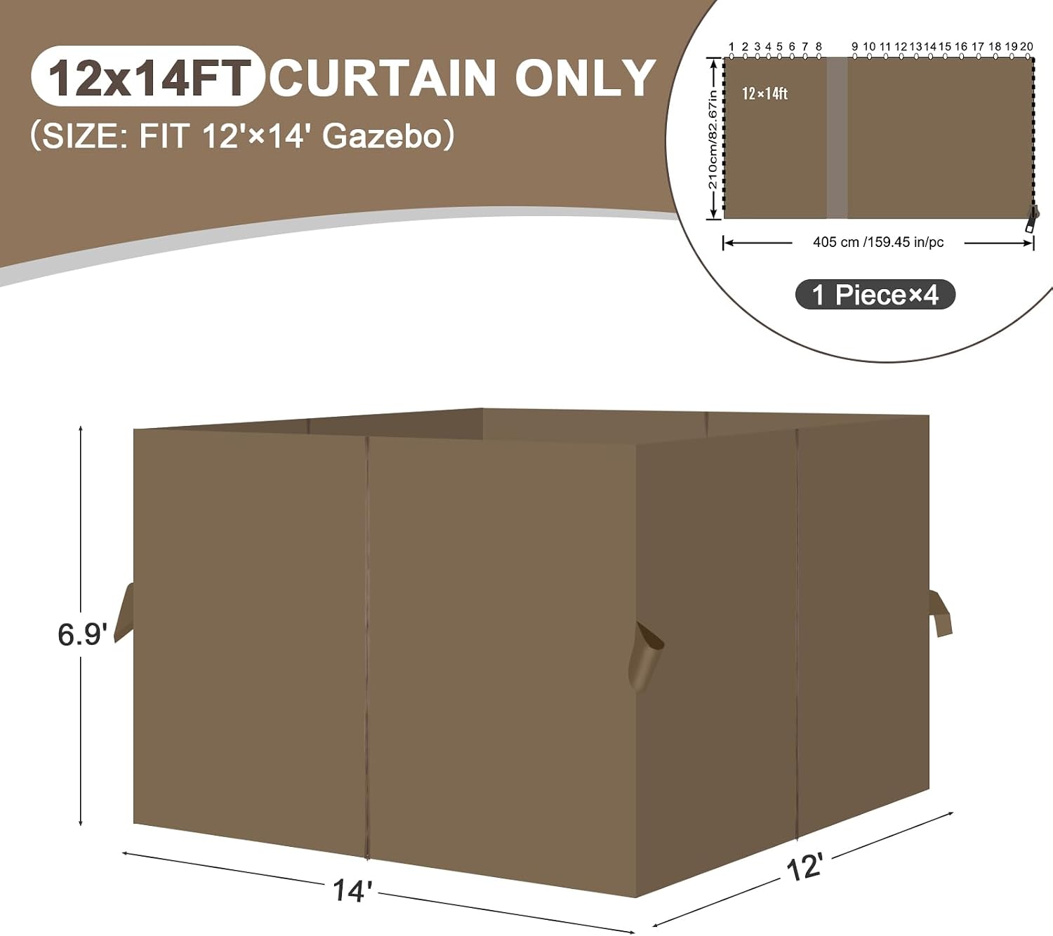 Aoodor 12x14 ft Outdoor Gazebo Curtains, 4 Panels Waterproof Privacy Sidewall Replacement with Zipper for Patio Pergola and Canopy, Light Coffee