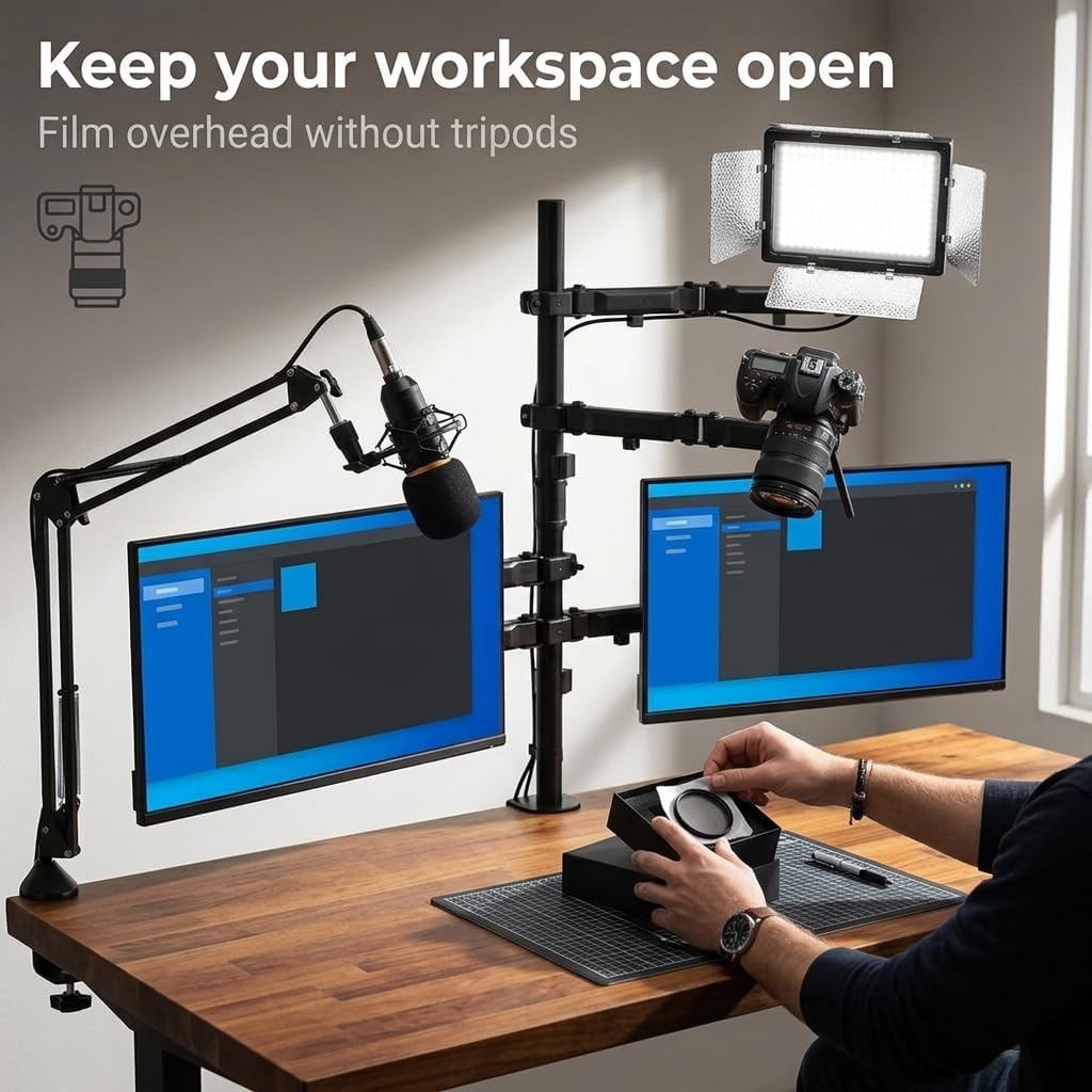 Mount-It! All in One Live Streaming Equipment - 5 Arm Desk Mount - Holds Dual Monitors, Cameras, Ring Light with Mic Desktop Stand Set, YouTube Setup for Podcasting, Gaming, Zoom, Clamp/Grommet Base