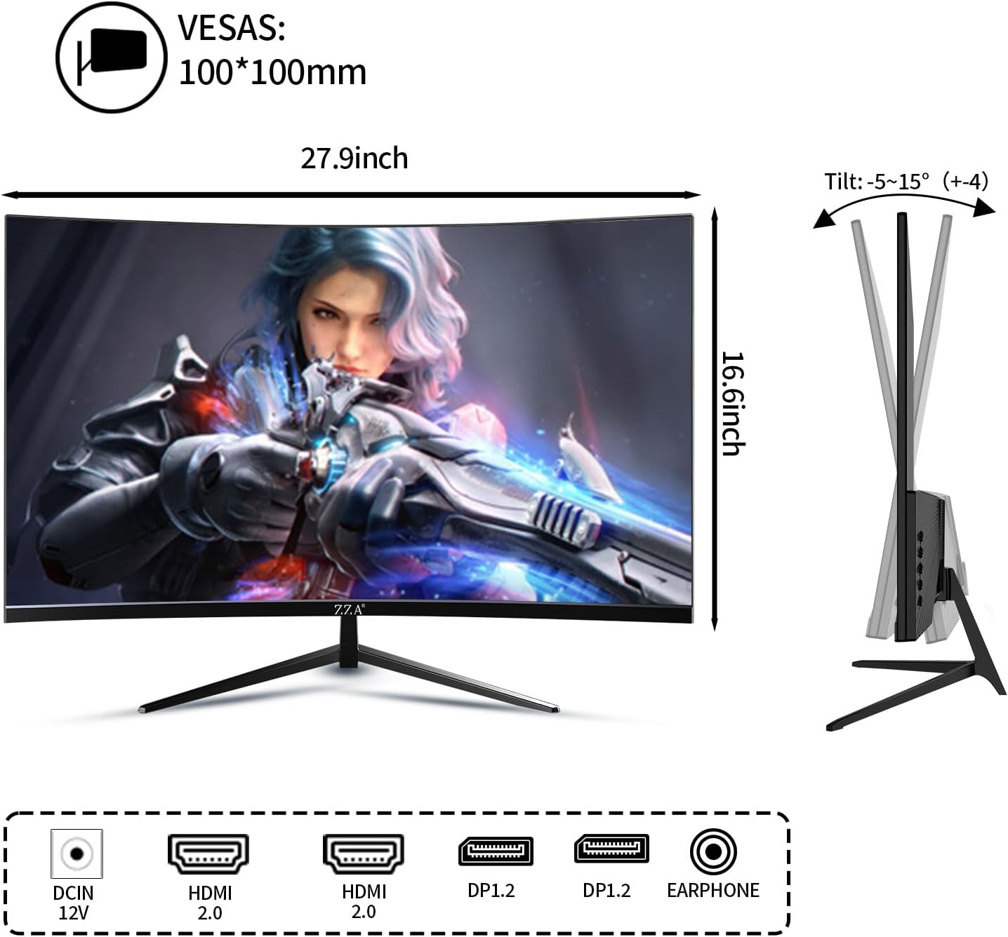 ZZA 32' 4K Curved Gaming Monitor - UHD（3840 * 2160） 60Hz Computer Monitor, Immersive Gaming Experience with Refresh Rate, VA Panel, 3000R and Adptsync Premium | HDR10 | 100% sRGB | 3840x2160