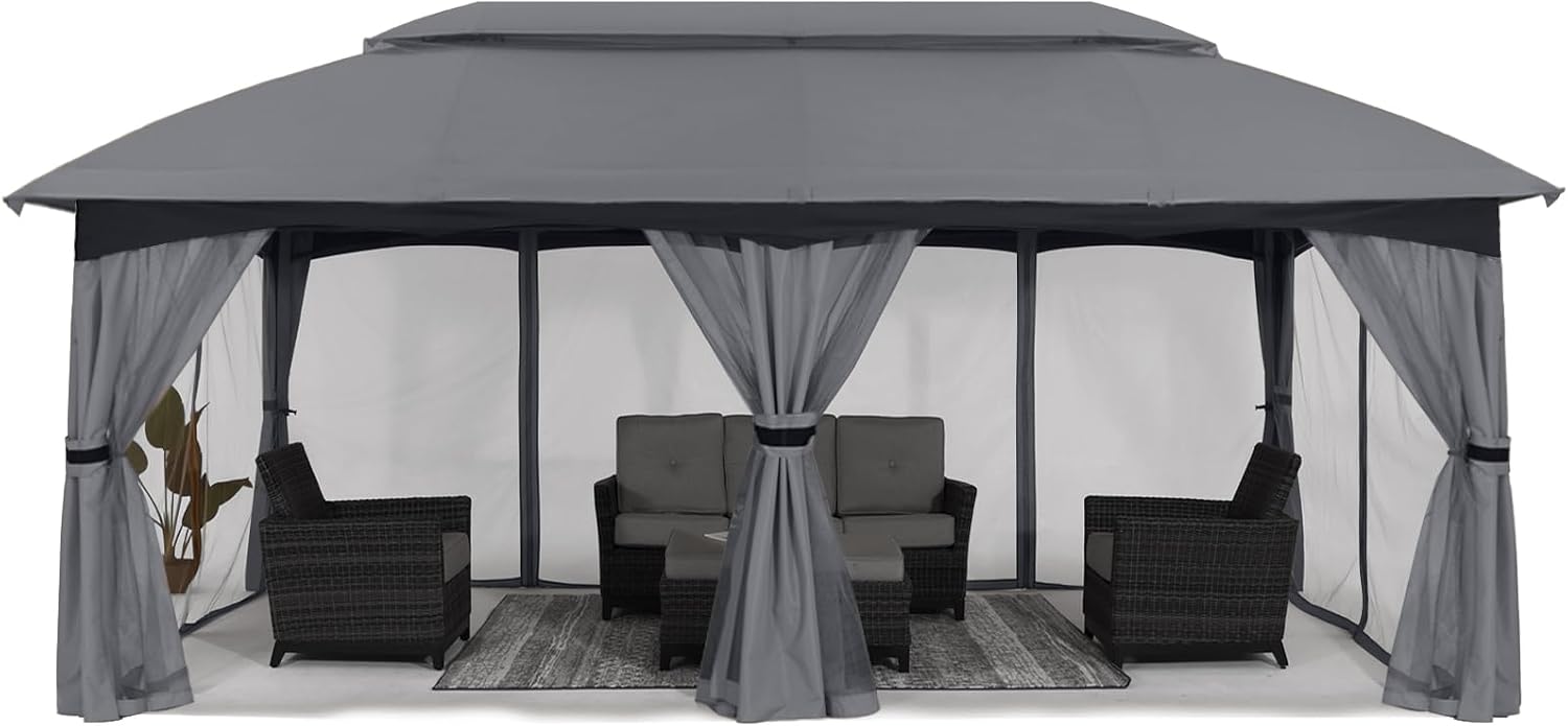 ABCCANOPY Outdoor Patio Gazebo 10x20 - Double Roof Canopy with Mosquito Netting for Backyard, Deck, Garden, Lawn, Dark Gray