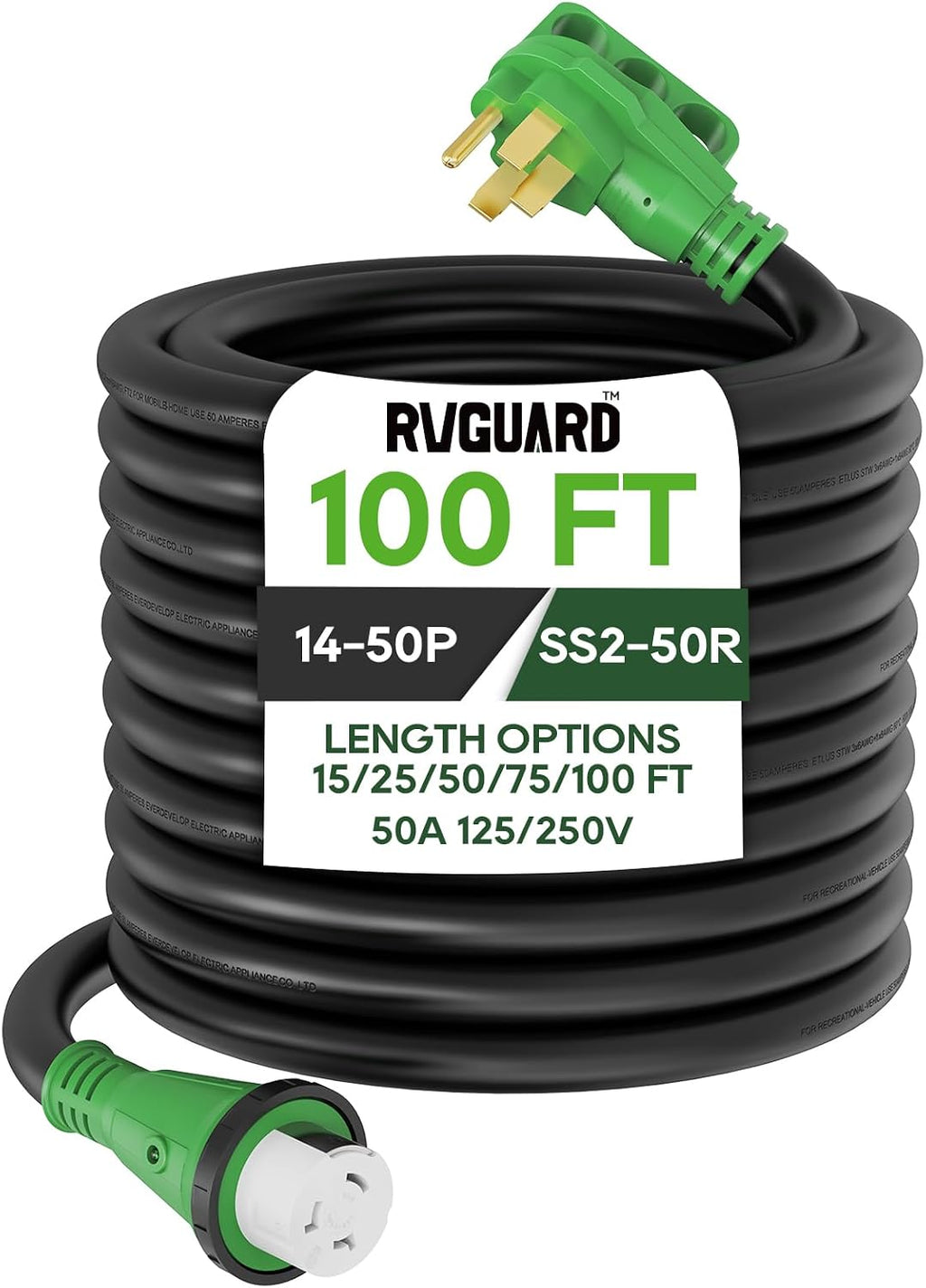 RVGUARD 50 Amp 100 Foot RV Power Cord, 14-50P to SS2-50R Generator Extension Cord, Heavy Duty STW Cord with LED Power Indicator and Cord Organizer, Green, ETL Listed