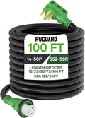 RVGUARD 50 Amp 100 Foot RV Power Cord, 14-50P to SS2-50R Generator Extension Cord, Heavy Duty STW Cord with LED Power Indicator and Cord Organizer, Green, ETL Listed