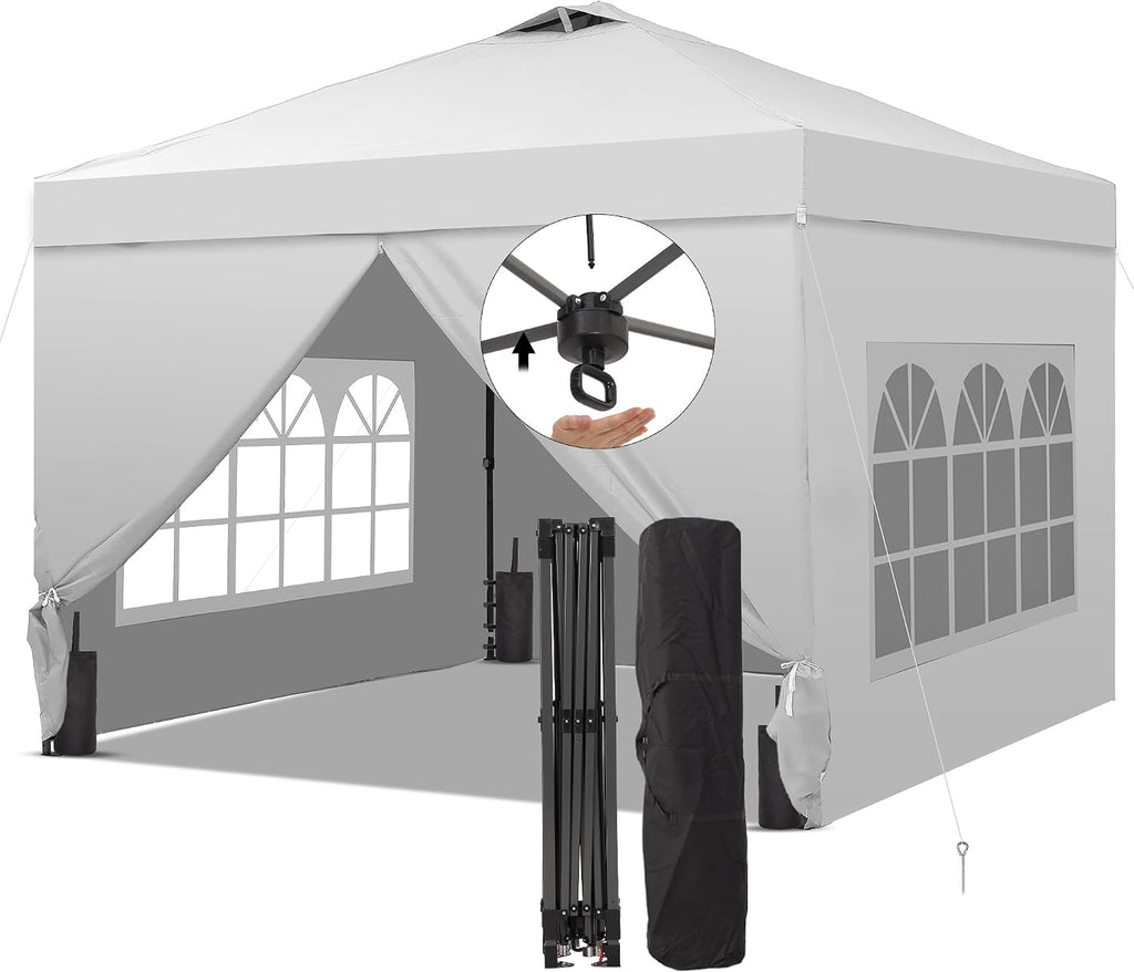 10x10 Pop Up Canopy Tent with One Push Setup, Portable Sun Shade Tent, Instant Easy Up Canopy with 4-Sidewalls & Wheeled Bag, Outdoor Fldable Gazebo with Vent Top, White.