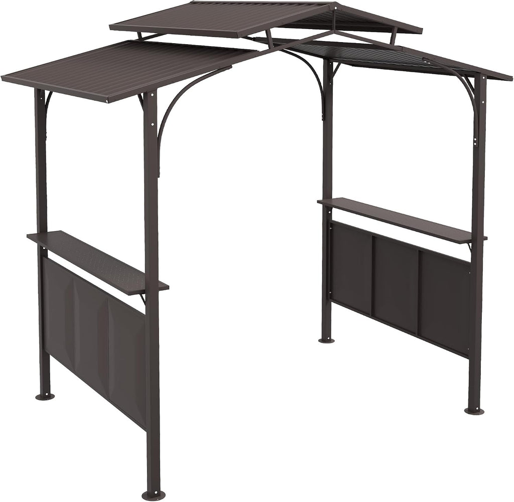 Outsunny 8'x5' BBQ Grill Gazebo with 2 Side Shelves, Outdoor Double Tiered Interlaced Polycarbonate Roof with Steel Frame, Brown