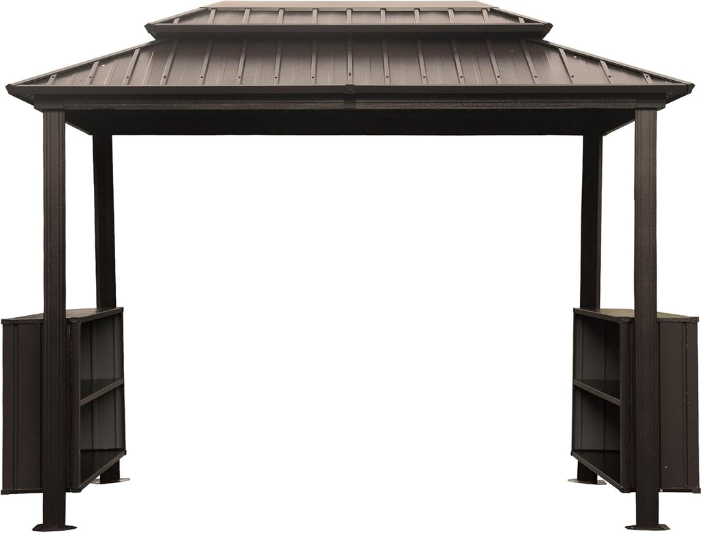 6x10FT Hardtop Grill Gazebo, Outdoor BBQ Gazebo with Double Galvanized Steel Roof, Patio Grill Canopy with 2 Storage Cabinets and Ceiling Hooks for Backyard, Lawn, Garden,Brown