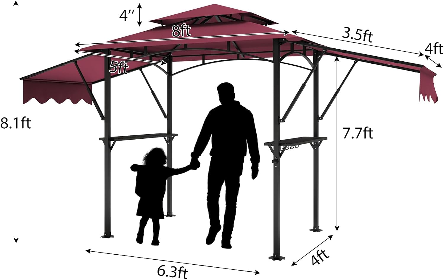 Grill Gazebo, Outdoor BBQ Canopy with Double Extra Awning, Double Tiered Roof Grill Canopy Tent with LED Lights, Weather Resistant Gazebo Shelter for Backyard, Lawn and Patio,Claret