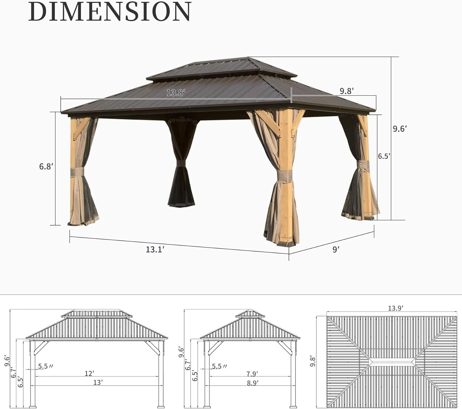 Domi 10'x14' Cedar Wood Gazebo with Double Roof Steel Hardtop,Solid Wood Frame Gazebo,Curtains and Netting Included for Garden, Backyard