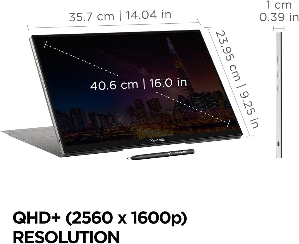ViewSonic TD1656-2K 16 Inch 1600p Touchscreen Portable Monitor, WQXGA IPS Display for Interactive Workflows and Second Screen Productivity, Built-in Stand, 65W USB-C, mini HDMI, and Smart Cover