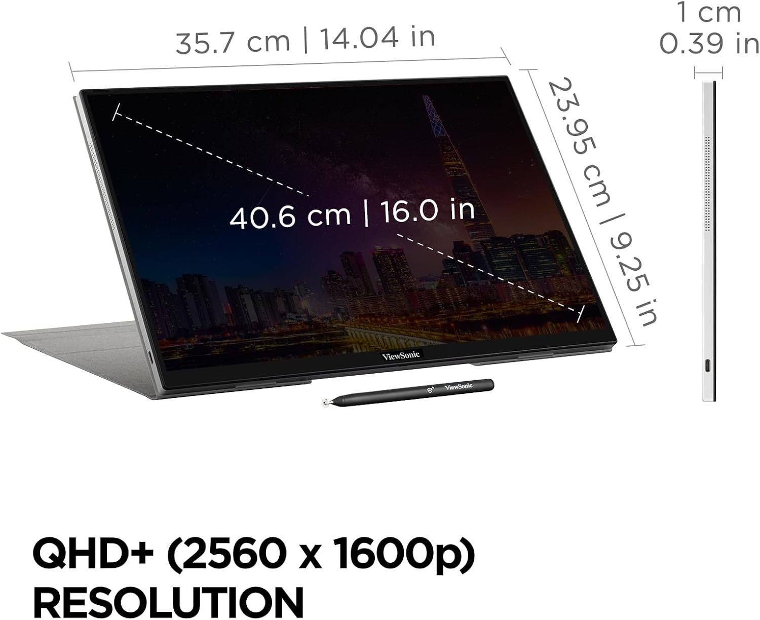ViewSonic TD1656-2K 16 Inch 1600p Touchscreen Portable Monitor, WQXGA IPS Display for Interactive Workflows and Second Screen Productivity, Built-in Stand, 65W USB-C, mini HDMI, and Smart Cover