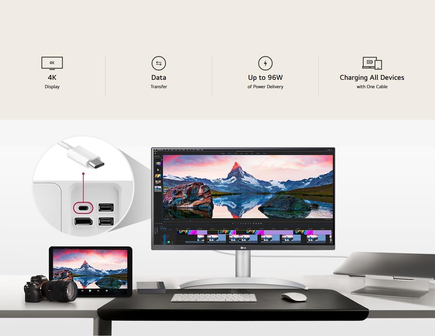 LG 27-inch Computer Monitor UHD (3840 x 2160), USB Type-C, HDR 400, DCI-P3 95%, Built-in Speaker, 60Hz, 5ms, HDMI, DisplayPort, AMD FreeSync, Tilt/Height/Pivot Adjustable Stand, White Monitor