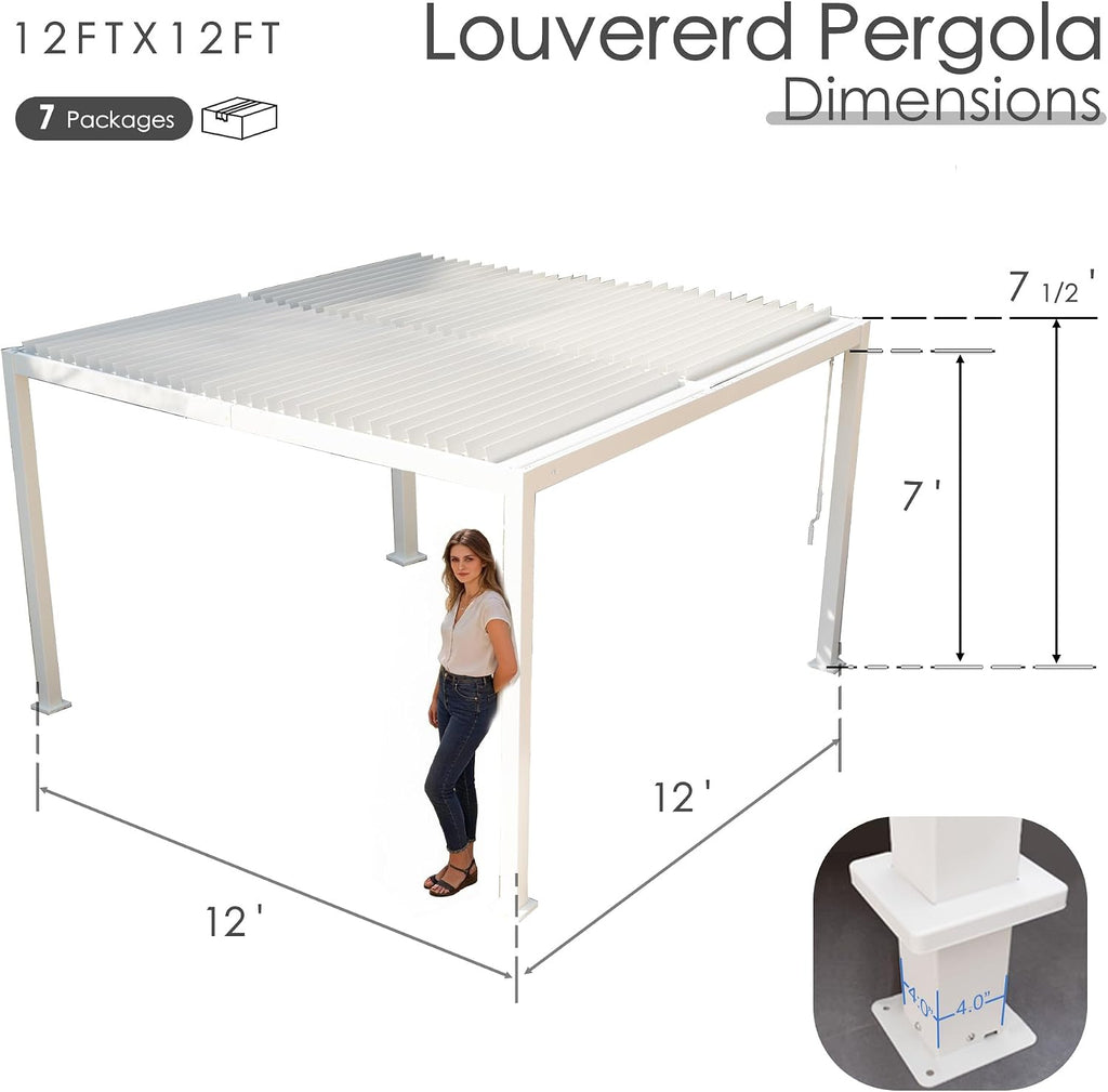 Kozyard Outdoor Louvered Pergola 12' x 12' Pergola Sun Shade All-Weather Aluminum Packing Shelter with Drainage System Adjustable Roof Waterproof for Poolside Balcony Patio Garden Yard White