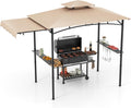HAPPYGRILL Outdoor Grill Gazebo Canopy 11 x 5 FT, Barbecue Canopy with Double-Tiered Top, 2 Side Shelves, Hanging Hooks, Bottle Opener, Metal Frame, BBQ Grilling Shelter