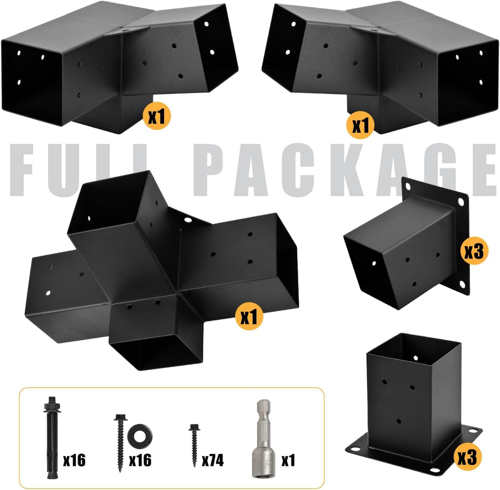 Pergola Kit, 15° 3-Way Slanted Roof Pergola Bracket Set, Roof Wall Mount Extension Bracket 4' x 4' (Actual 3.5' X 3.5') - Set 9