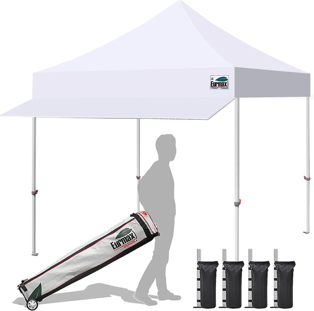 Eurmax USA 10x10 Pop Up Canopy Tent, Commercial Grade Event Tent with Patented No-Tip Rolling Bag, 24sqft Extension Awning, UV-Shield Fade & Water Resistant Top (White)