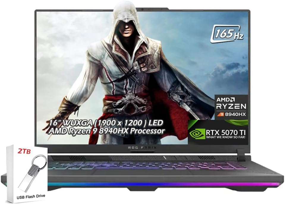 ASUS ROG Strix G16 16' WUXGA LED IPS 165Hz 300nits Gaming Laptop AMD Ryzen 9 8940HX NVIDIA RTX 5070 Ti 12GB 32GB DDR5-5600 RAM 1TB SSD Wi-Fi6E Backlit KB Win11 Eclipse Gray w/2TB USB Drive, W/GaLiMu