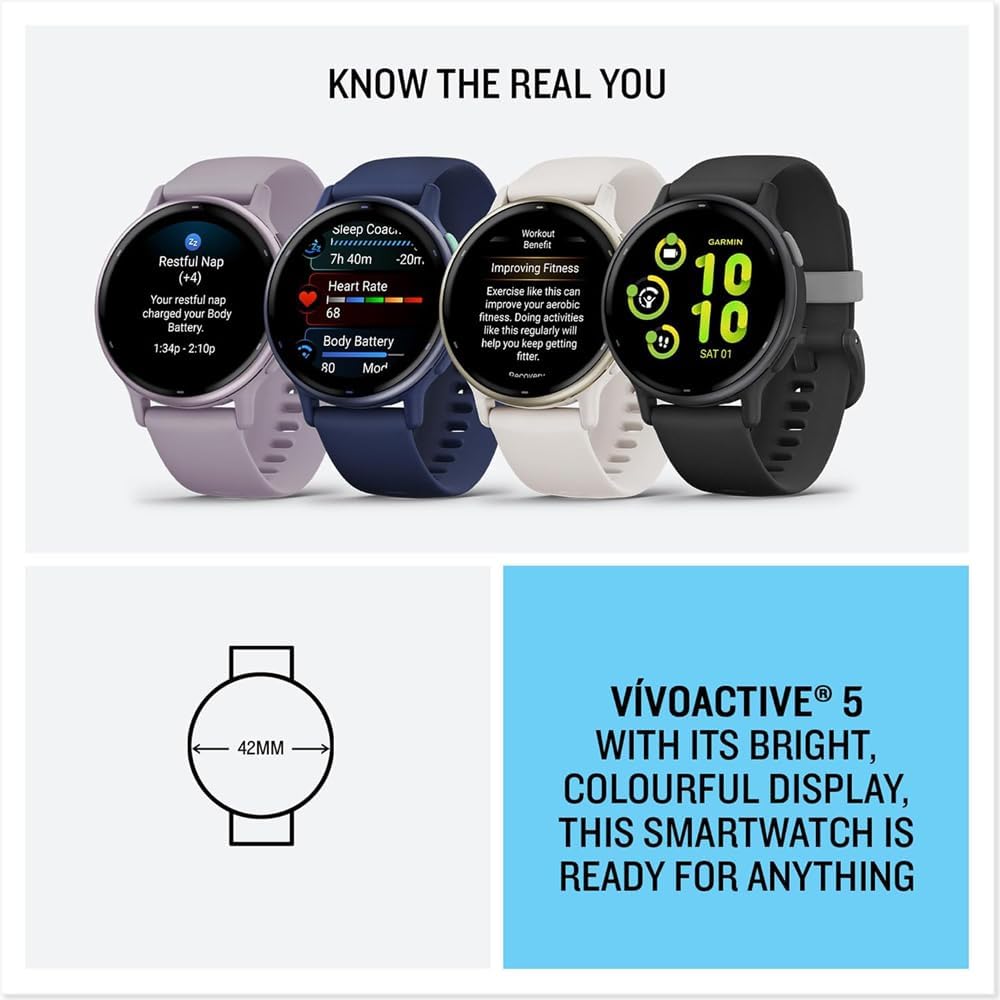 Garmin 010-02862-11 Vivoactive 5 Fitness Smartwatch, Ivory Bundle with Workout Cooling Sport Towel and Deco Essentials Wearable Commuter Front and Rear Safety Light