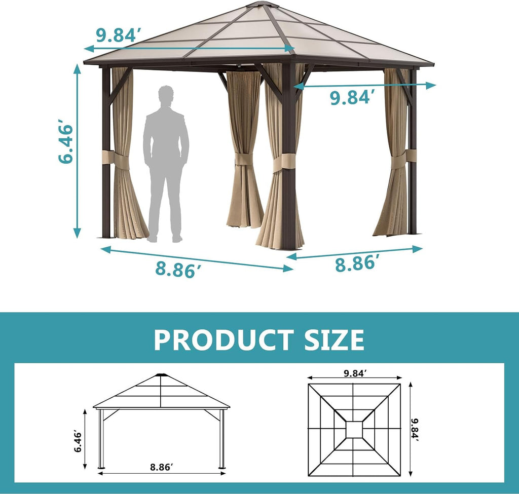 Aoxun 10'x10' Gazebo Single Polycarbonate Top, Outdoor Polycarbonate Frame Permanent Gazebo with Curtains and Netting, for Patios, Parties, Backyards, Gardens