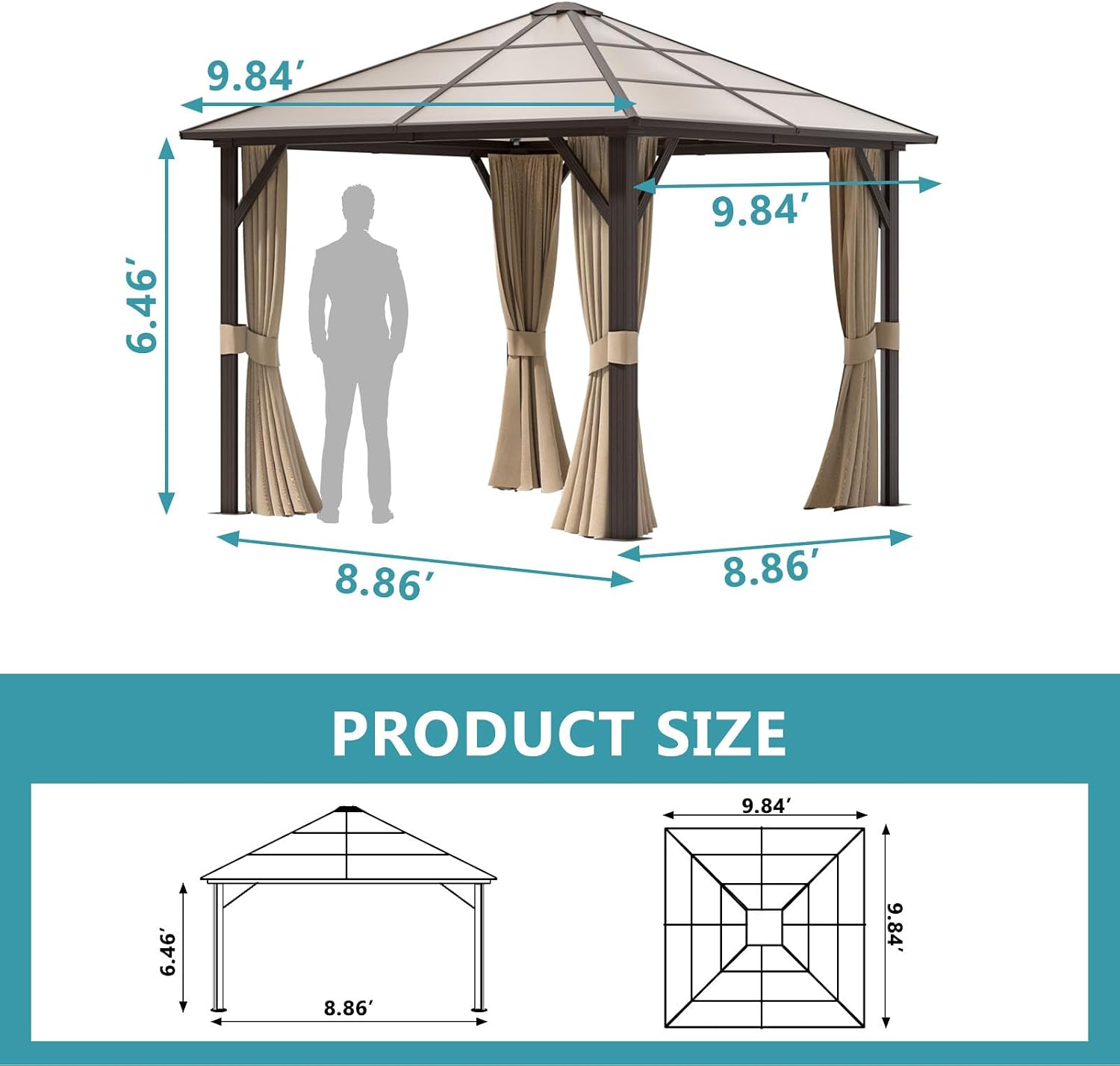 Aoxun 10'x10' Gazebo Single Polycarbonate Top, Outdoor Polycarbonate Frame Permanent Gazebo with Curtains and Netting, for Patios, Parties, Backyards, Gardens
