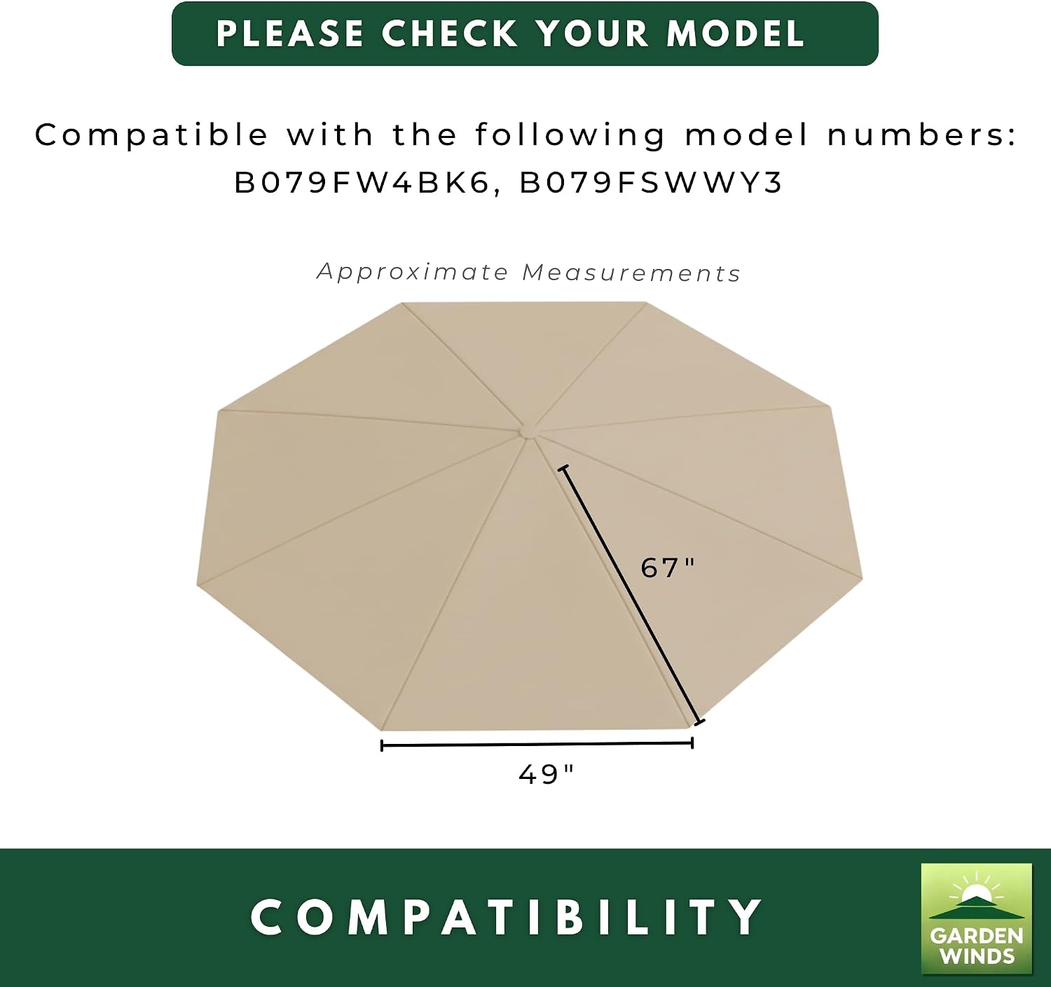 Garden Winds Reinforced Replacement Canopy Top Cover Compatible with The Abba Patio 11' Round Umbrella - Classic Sand, Riplock 350