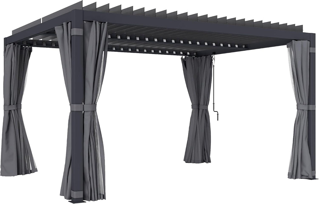 Outsunny 10 x 13 ft. Louvered Pergola Hardtop Gazebo with Adjustable Aluminum Roof and Frame, Outdoor Pergola with Curtains and Netting, for Garden, Lawn, Backyard, and Deck, Dark Gray
