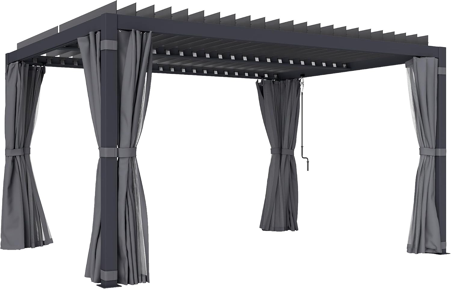 Outsunny 10 x 13 ft. Louvered Pergola Hardtop Gazebo with Adjustable Aluminum Roof and Frame, Outdoor Pergola with Curtains and Netting, for Garden, Lawn, Backyard, and Deck, Dark Gray
