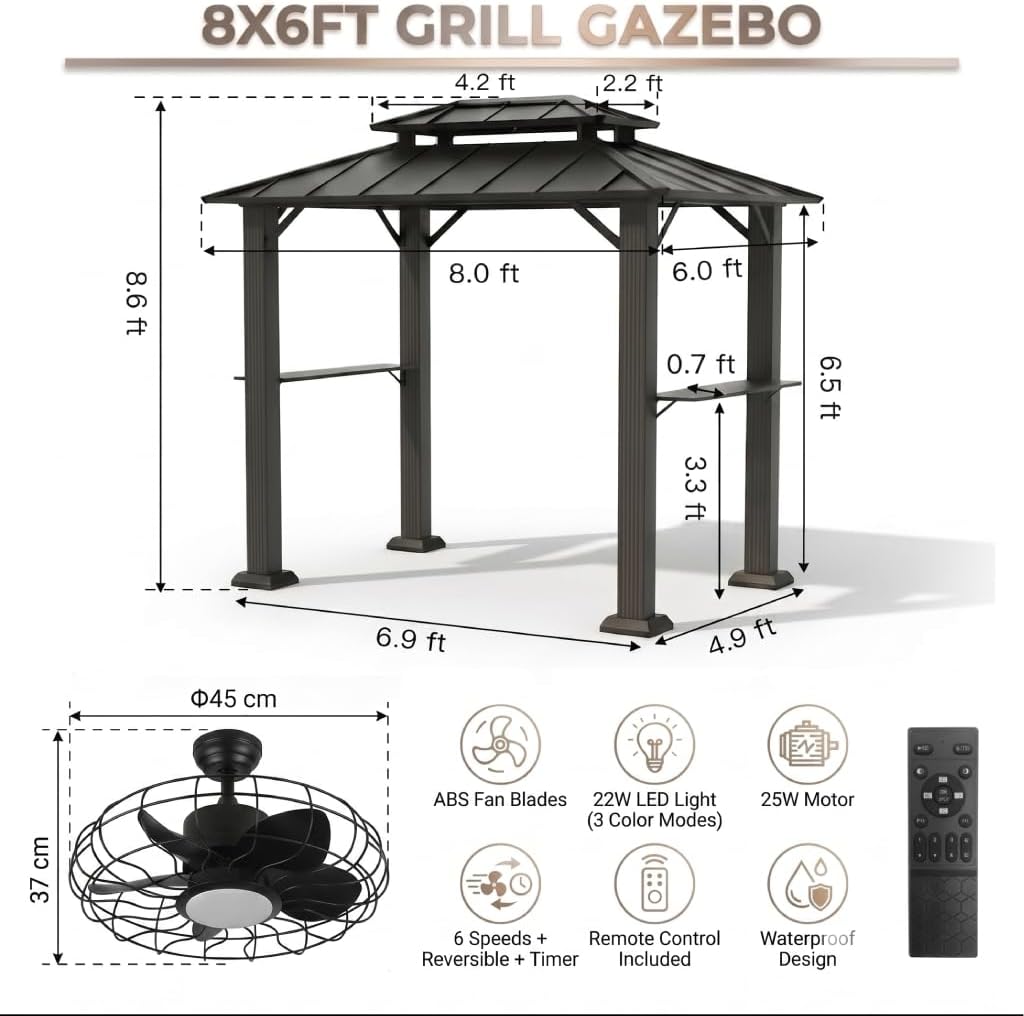 8'x6' Grill Gazebo with Fan, Outdoor Hardtop BBQ Canopy with Galvanized Steel Double Roof and Aluminum Frame, 2 Side Shelves for Patio, Backyard, Deck, and Lawn.